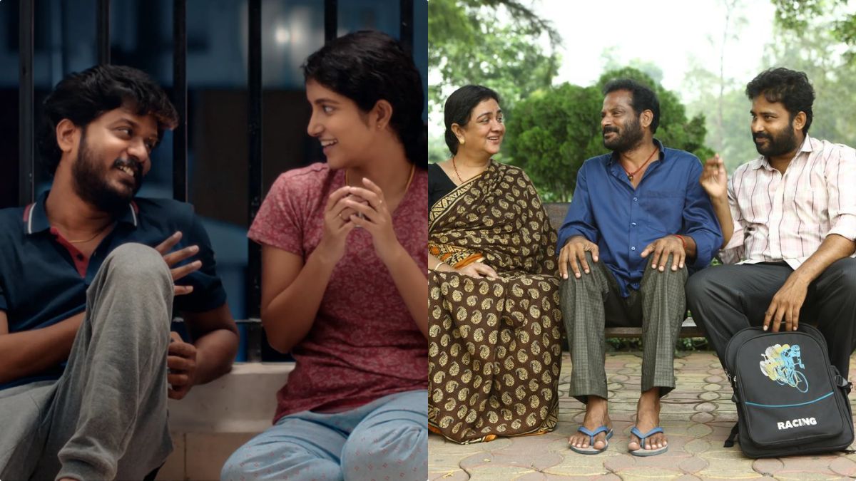 A professional collage featuring actor Manikandan from the movie Good Night and stills from the film J.Baby directed by Suresh Mari.