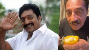 Actor Prakash Raj recording a satirical video message while eating mangoes with ice cream in support of the viral Cockroach Janta Party campaign.