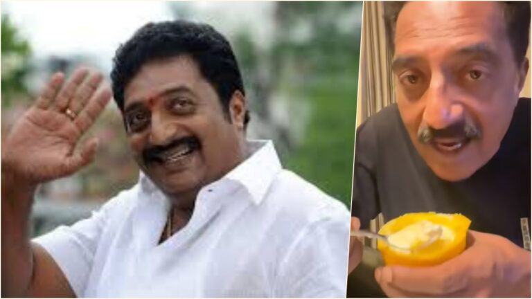 Actor Prakash Raj recording a satirical video message while eating mangoes with ice cream in support of the viral Cockroach Janta Party campaign.