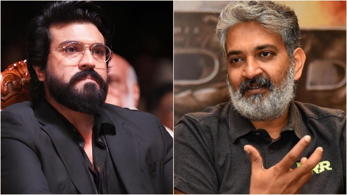 Actor Ram Charan and director SS Rajamouli sharing a candid moment during the production wrap of RRR movie.