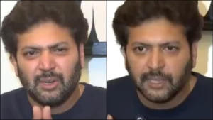 Actor Ravi Mohan looking emotional and talking heavily during a press conference in Chennai.