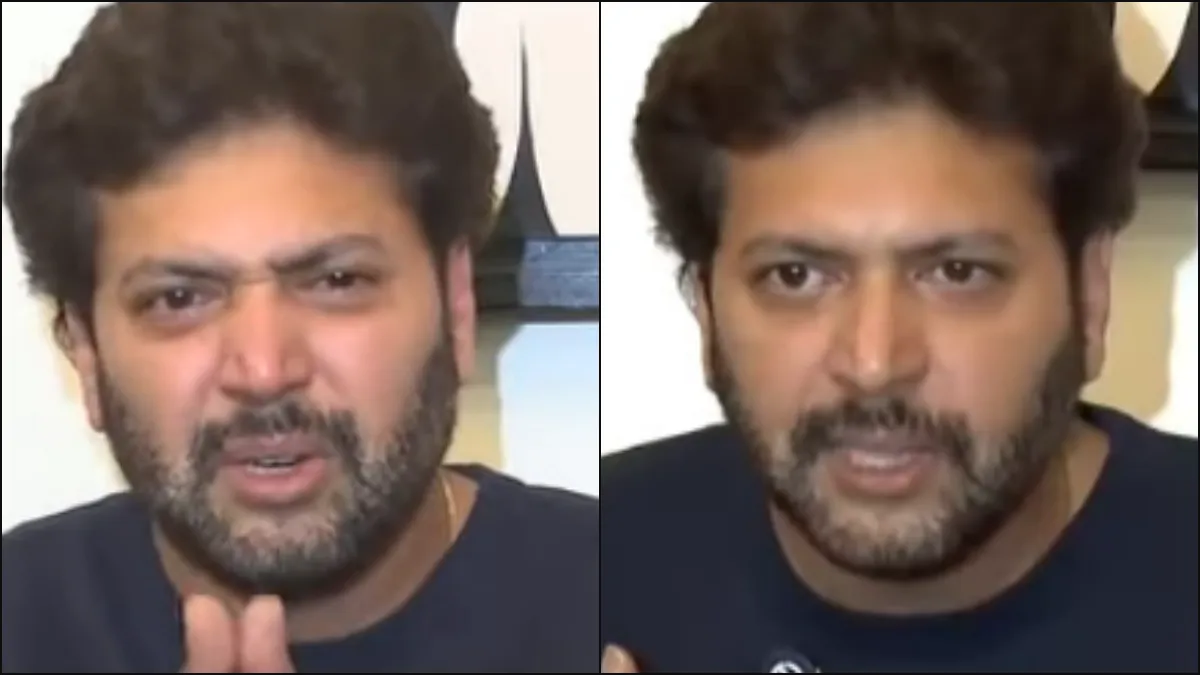 Actor Ravi Mohan looking emotional and talking heavily during a press conference in Chennai.