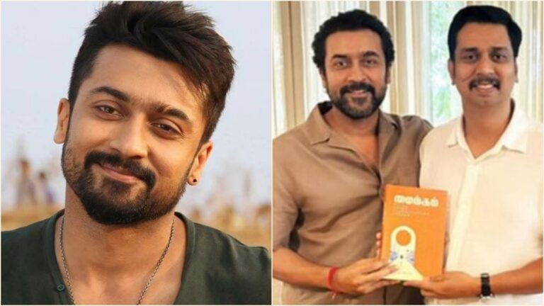 Actor Suriya and director TJ Gnanavel posing together during the success meet of Jai Bhim movie.