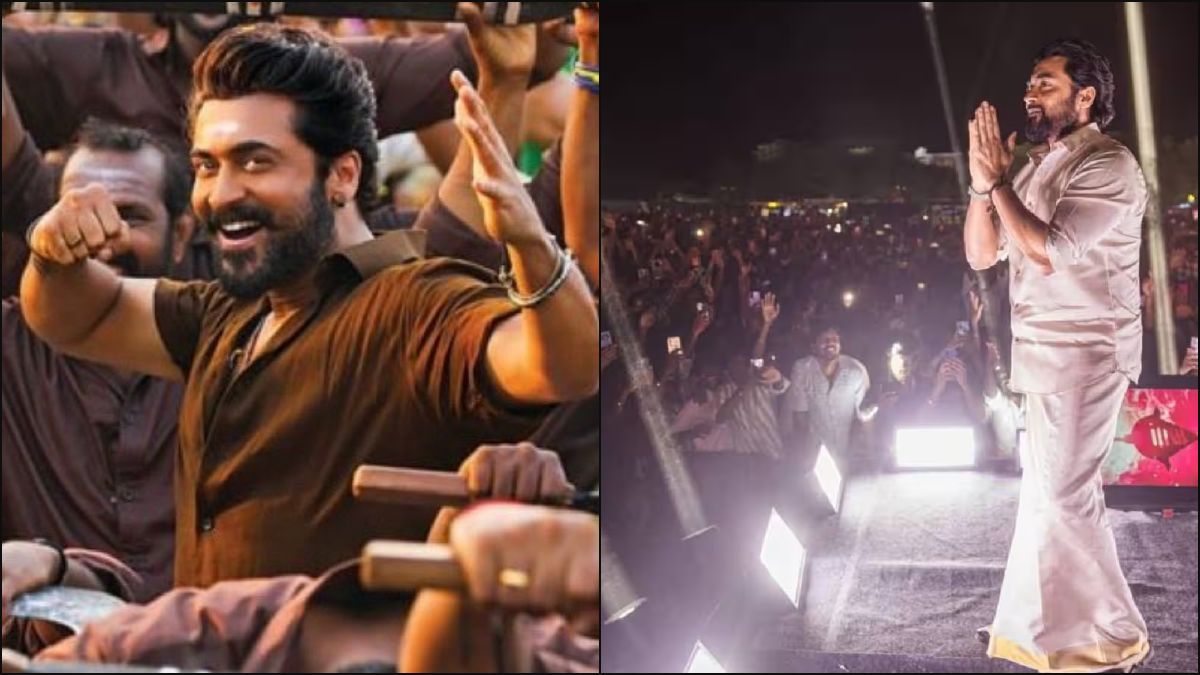 Actor Suriya addressing the crowd at the Karuppu movie promotional event in Kerala.