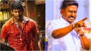 Compilation image of actor Vishal questioning the portfolio allocation of Minister Rajmohan by Tamil Nadu CM Joseph Vijay.