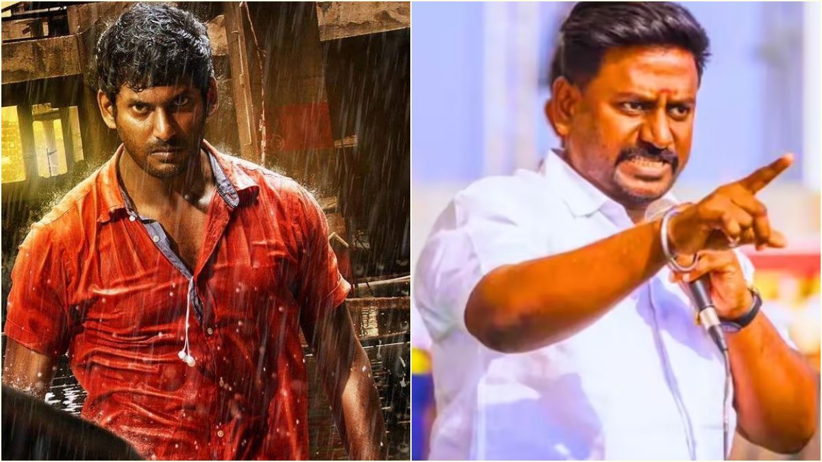 Compilation image of actor Vishal questioning the portfolio allocation of Minister Rajmohan by Tamil Nadu CM Joseph Vijay.