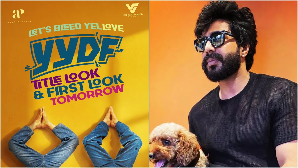 Actor Vishnu Vishal posing in a stylish new avatar, announcing the official title and first look poster release date of his upcoming movie YYDF on Instagram.