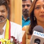 Actress Aishwarya Lekshmi speaking to reporters in Nellai about her support for actor Vijay's political party Tamilaga Vettri Kazhagam.