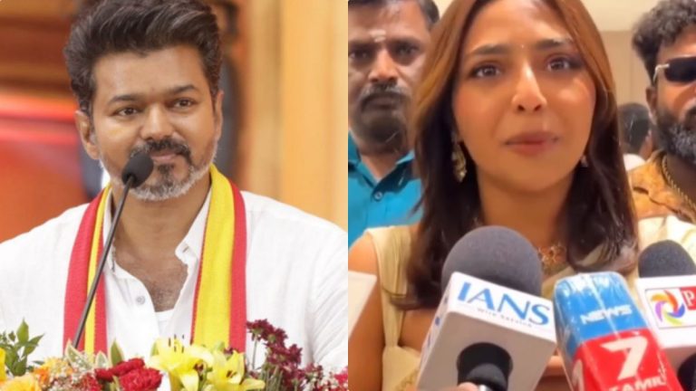 Actress Aishwarya Lekshmi speaking to reporters in Nellai about her support for actor Vijay's political party Tamilaga Vettri Kazhagam.