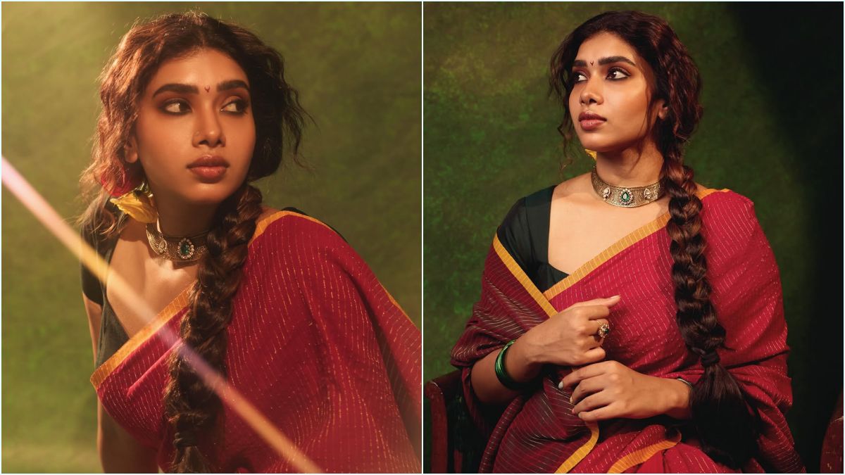Red Saree Glamour! — "சிவப்பு புடவையில் சொக்க வைக்கும் மாரியம்மா!" — கருப்பு பிளவுஸ் காம்பினேஷனில் துஷாரா விஜயன் நடத்திய லேட்டஸ்ட் போட்டோஷூட்; கியூட் புகைப்படங்கள் வைரல்! 3 A split portrait layout highlighting Kollywood celebrity Dushara Vijayan posing gracefully in an elegant red ethnic saree with a black designer blouse.