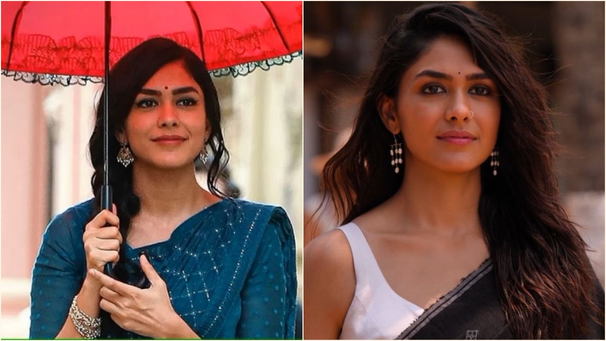 Dhanush's Master Plan with Mrunal Thakur! — "மிருணாள் தாக்கூர் தமிழ் அறிமுகத்துக்கு தனுஷ் போட்ட மாஸ் ஸ்கெட்ச்!" — போட்டோஷூட் முடிஞ்சு இப்போ படம் ஹோல்ட்ல இருக்கா? ரசிகர்கள் செம குஷி! 1 Dual frame montage featuring actress Mrunal Thakur as Sita Mahalakshmi from Sita Ramam and as Yashna from Hi Nanna.