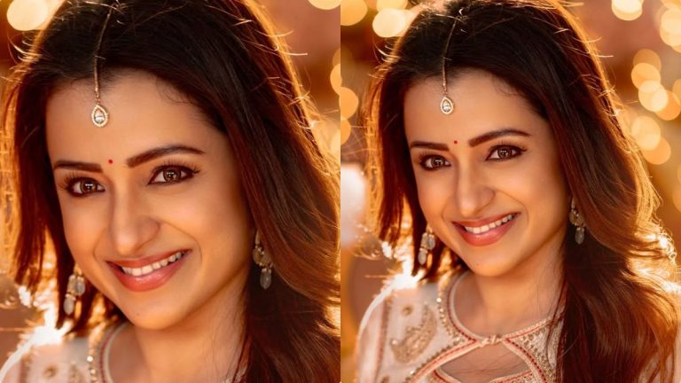 Official birthday wish poster for actress Trisha from the team of Vishwambhara, announcing her character name as Avani.