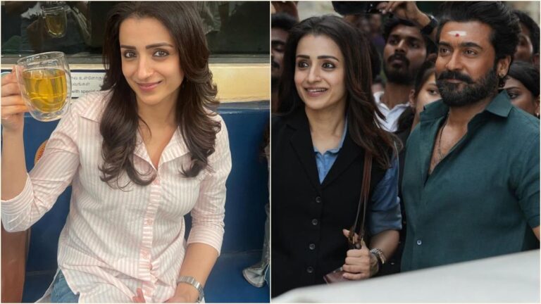 South Indian actress Trisha Krishnan smiling on the shooting spot location of her latest film Karuppu directed by RJ Balaji.