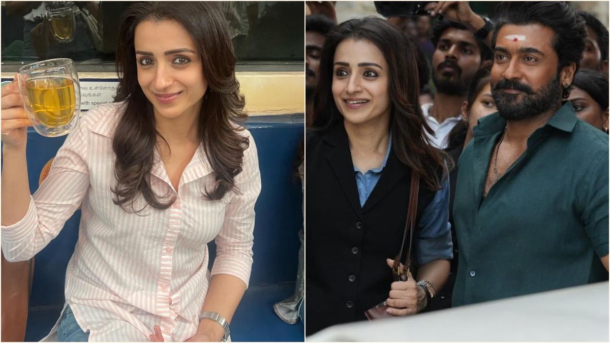 South Indian actress Trisha Krishnan smiling on the shooting spot location of her latest film Karuppu directed by RJ Balaji.