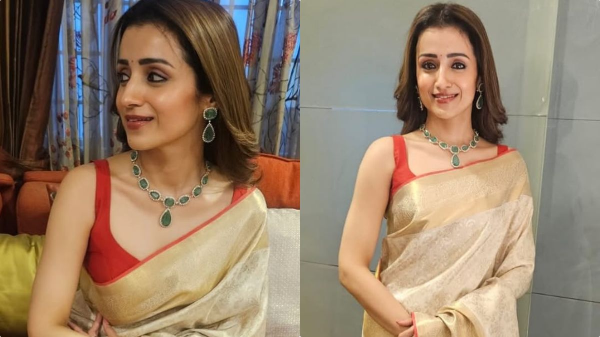 Actress Trisha Krishnan in a simple traditional outfit, visiting the Tirumala Tirupati Devasthanam to seek blessings on her 43rd birthday.