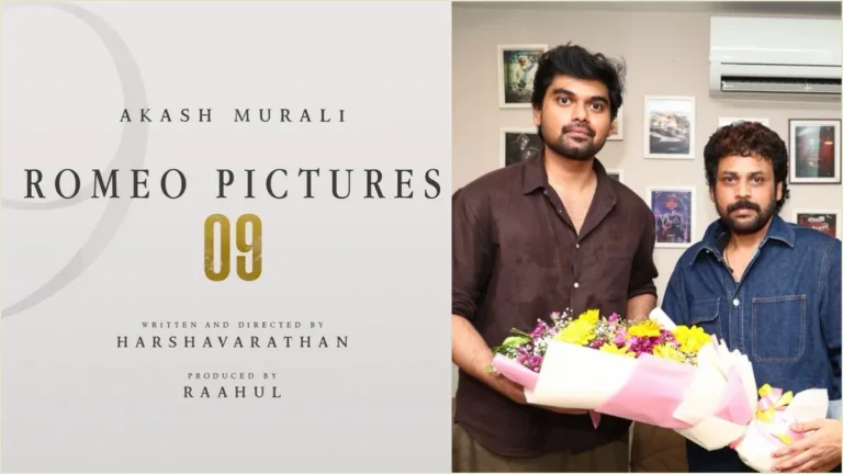 Actor Akash Murali debut movie launch pooja stills with director H Vinoth and producer Raahul from Romeo Pictures.