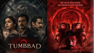 Official announcement poster featuring Alia Bhatt, Nawazuddin Siddiqui, and Sohum Shah for the movie Tumbbad 2.
