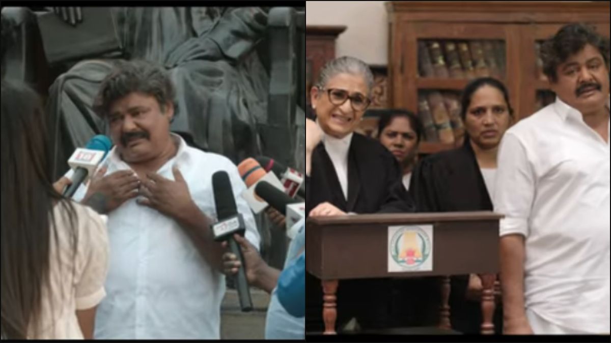 Lead actor in a lawyer's robe standing in a courtroom with a stadium background, representing the movie Angikaaram.