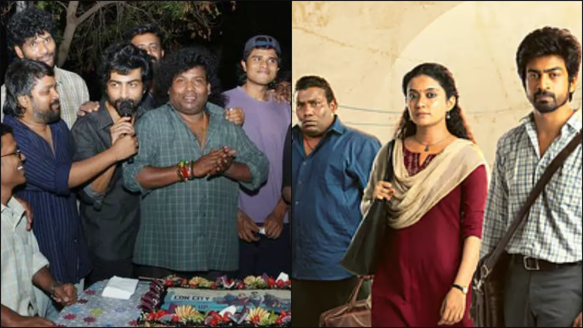 Actor Arjun Das and Anna Ben along with director Harish Durairaj at the shoot wrap of Con City movie.
