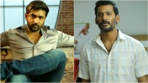 Split layout image showing actor Arun Vijay reacting and replying to actor Vishal's controversial tweet about CM Joseph Vijay.