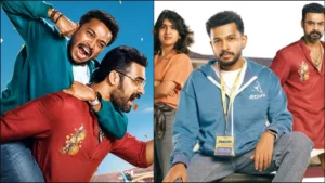 Basil Joseph and Tovino Thomas in a comedic standoff scene from the movie Athiradi.