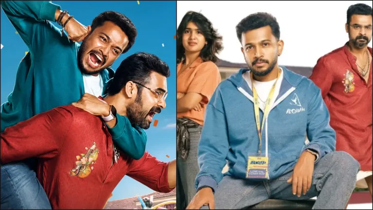 Basil Joseph and Tovino Thomas in a comedic standoff scene from the movie Athiradi.
