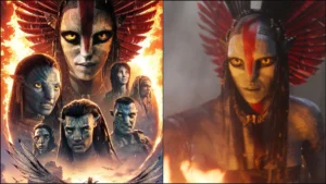 Official streaming poster of Avatar: Fire and Ash on JioHotstar featuring the fire-themed Pandora world.