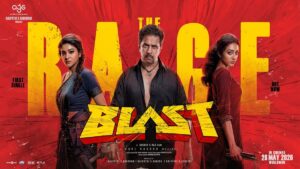 Official announcement poster of the song "The Rage" from the Tamil movie Blast, featuring lead actor Arjun Sarja and music director Ravi Basrur's credits.