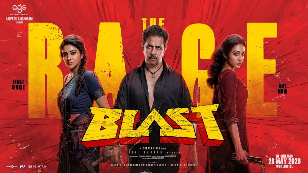 Official announcement poster of the song "The Rage" from the Tamil movie Blast, featuring lead actor Arjun Sarja and music director Ravi Basrur's credits.