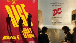 Promotional collage of Blast movie's "The Rage" song and Devadas & Chandra trailer release featuring Arjun Sarja and Lokesh Kanagaraj.
