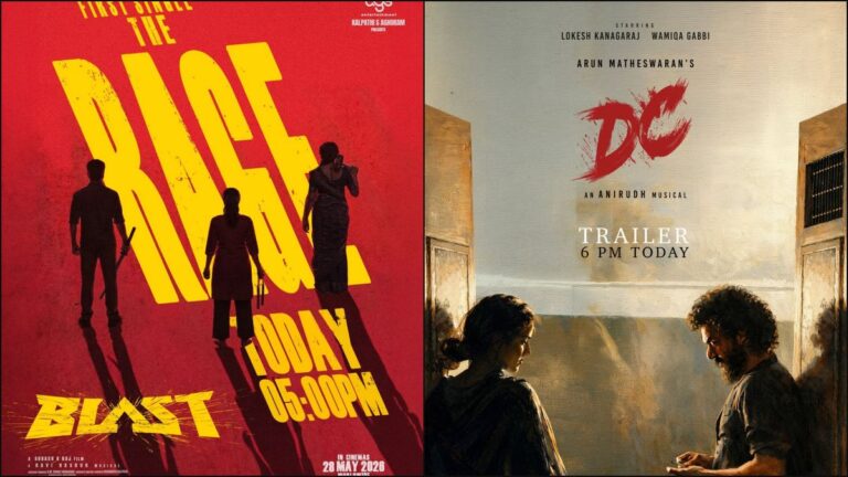 Promotional collage of Blast movie's "The Rage" song and Devadas & Chandra trailer release featuring Arjun Sarja and Lokesh Kanagaraj.