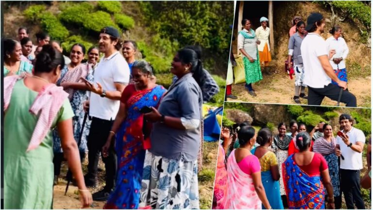 Chiyaan Vikram smiling and singing Andangkaka Kondakkari song with tea estate workers during his morning walk in Munnar.