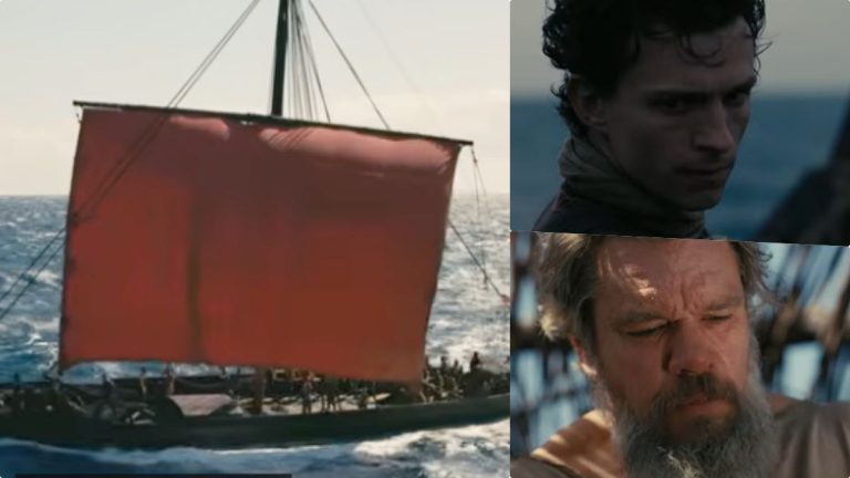 Official trailer screen capture of Christopher Nolan's The Odyssey featuring Matt Damon and Tom Holland.