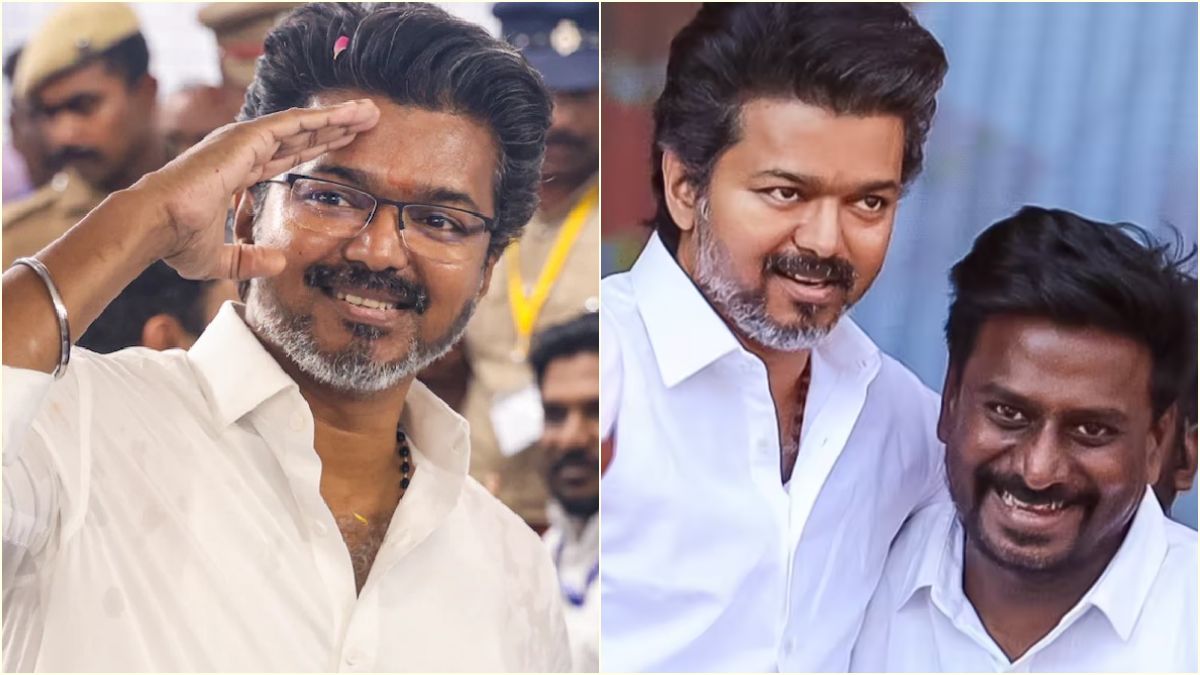 A dual profile poster showcasing Tamil Nadu CM Joseph Vijay along with Minister Rajmohan Arumugam during the cabinet announcement.