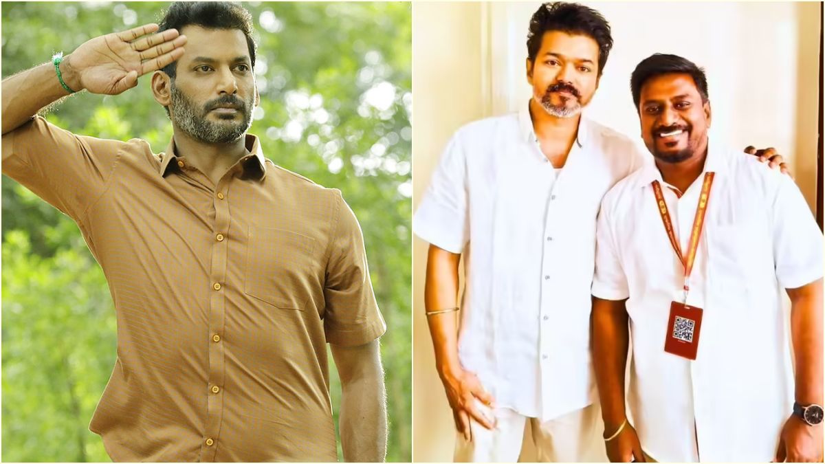 A political conflict graphic poster split into three sections, featuring Tamil Nadu CM Joseph Vijay, Minister Rajmohan Arumugam, and actor Vishal.