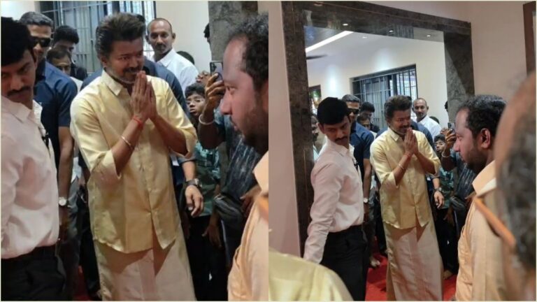 Tamil Nadu Chief Minister Joseph Vijay entering the state secretariat in traditional Tamil attire.