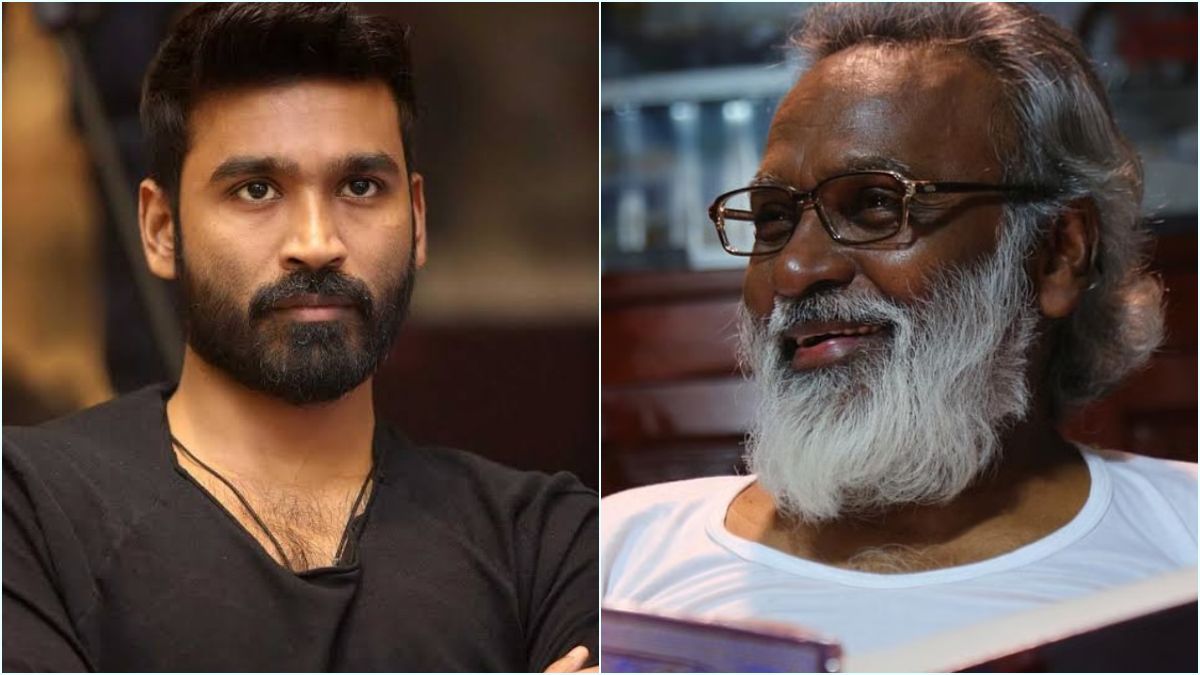 An evergreen real-life frame capturing actor Dhanush standing alongside his veteran filmmaker father Kasthuri Raja.