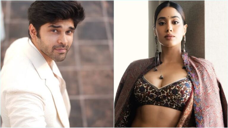 A split portrait layout featuring next-generation Tamil actor Dhruv Vikram and Bollywood actress Janhvi Kapoor side by side.