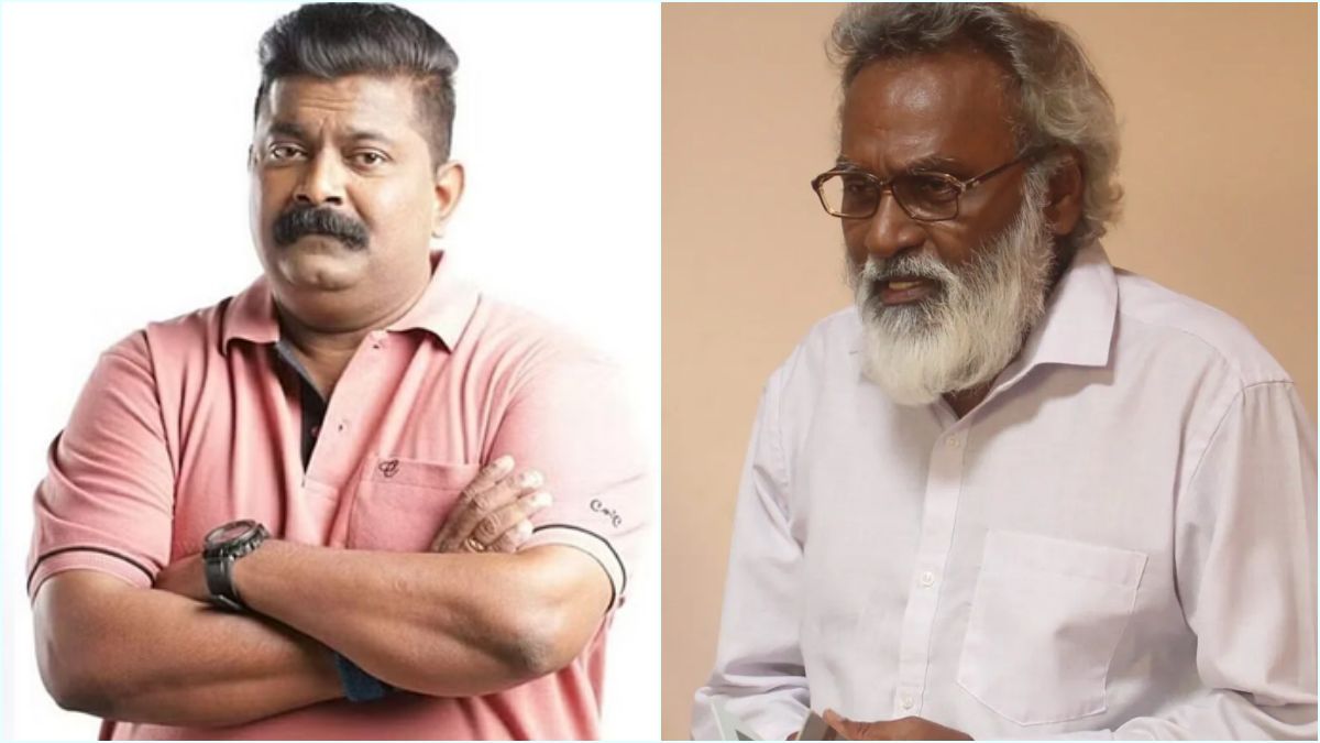 Director Mysskin speaking passionately at the Habeebi movie audio launch, praising veteran director Kasthuri Raja's emotional performance.