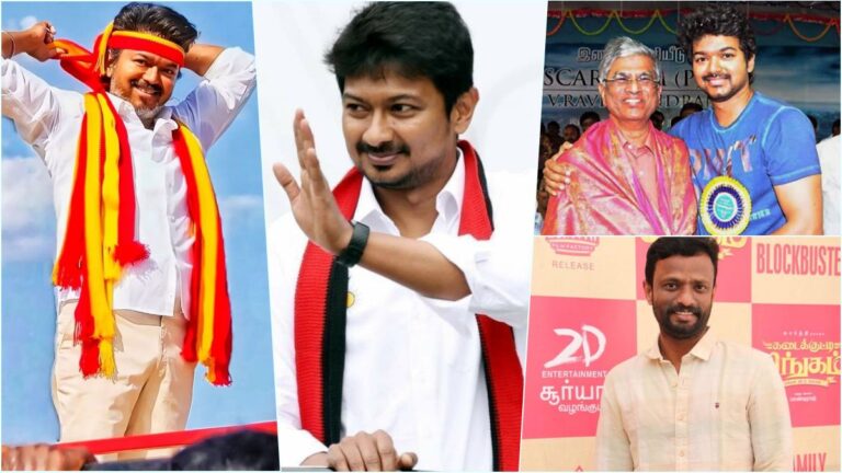 A custom political-cinema news banner featuring a multi-split layout of director Pandiraaj, Tamil Nadu CM Joseph Vijay, Deputy CM Udhayanidhi Stalin, and veteran director S.A. Chandrasekhar over a subtle Parimala & Co movie branding background.