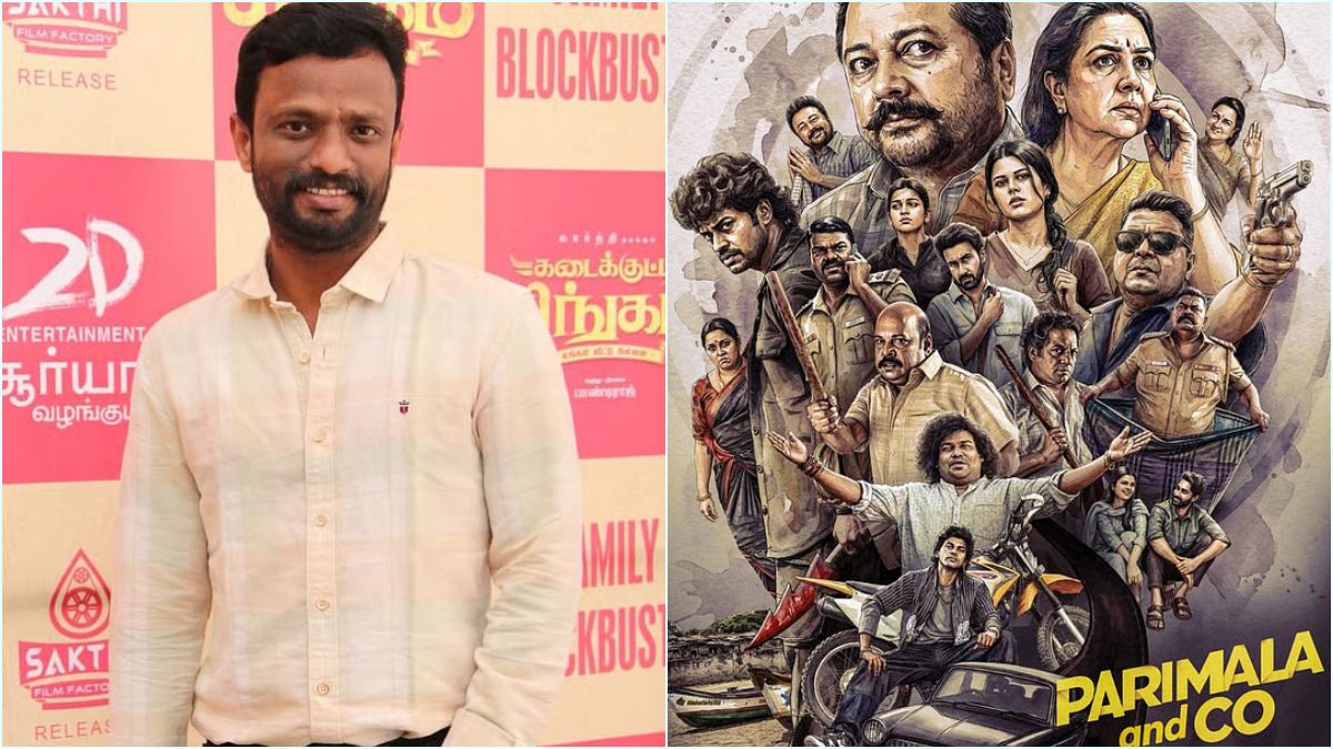 Director Pandiraaj posing confidently alongside the title look poster design elements of his dark comedy film Parimala and Co.