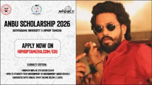 Official announcement poster of Anbu Scholarship 2026 by Hiphop Tamizha and Sathyabama University.