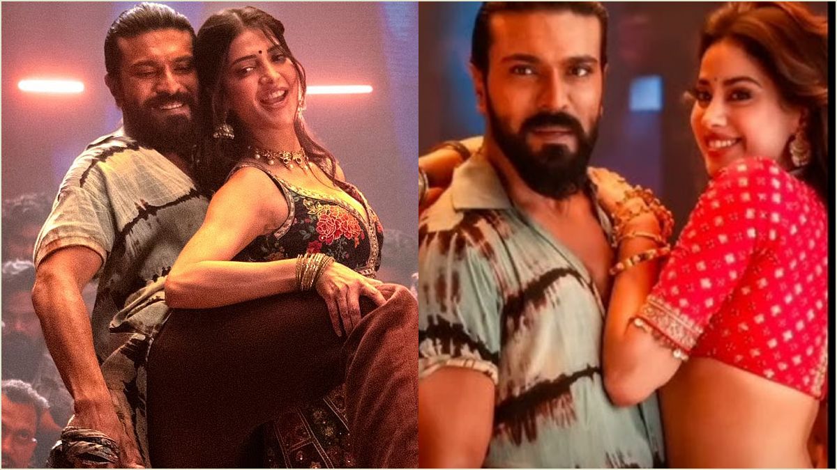 Actress Janhvi Kapoor smiling and sharing a hilarious fitness and weight loss tip about dancing with actor Ram Charan at a movie event.