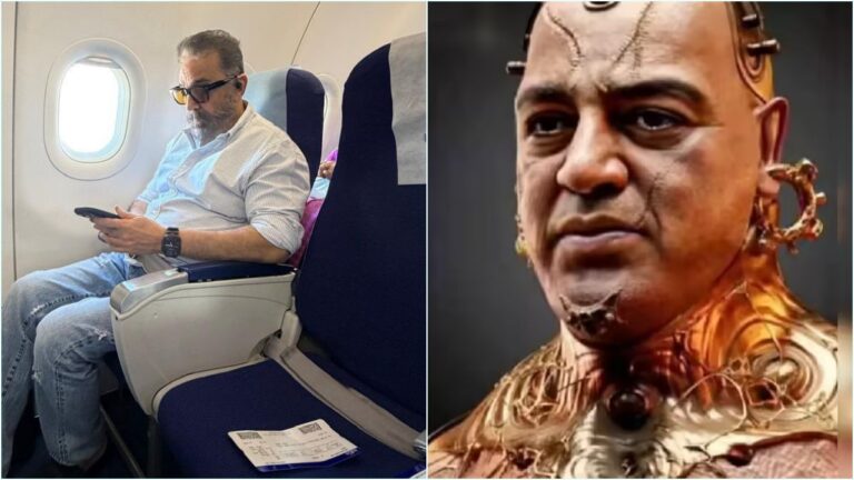 Indian cinema icon Kamal Haasan spotted inside a commercial Indigo economy class flight travelling to Hyderabad for Kalki 2898 AD sequel.