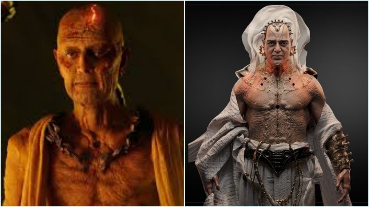 A high-definition movie promotional poster showcasing legendary actor Kamal Haasan in his intense, bald Supreme Yaskin avatar from the futuristic sci-fi film Kalki 2898 AD.