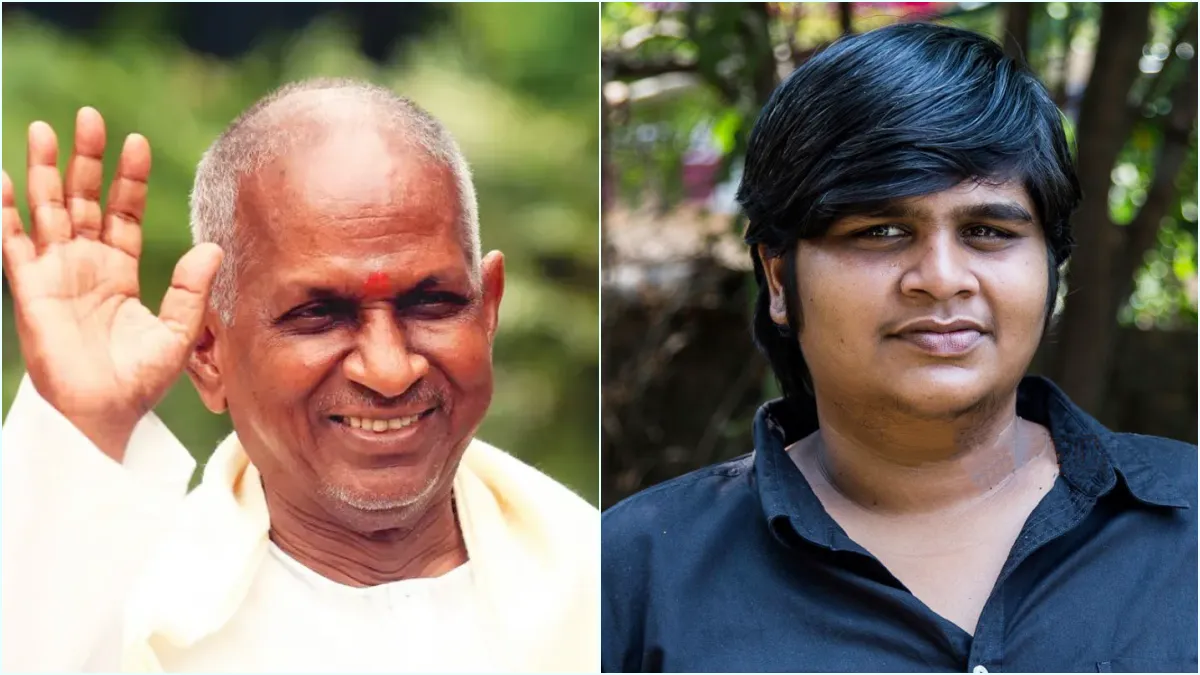 Official announcement template of director Karthik Subbaraj collaborating with music composer Isaignani Ilaiyaraaja for his 10th movie under Sikhya Entertainment.
