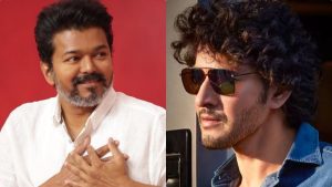 A combined image showing actor Mahesh Babu's tweet and actor Vijay's victory moment during the 2026 Tamil Nadu elections.