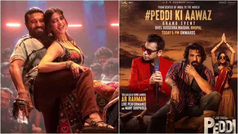 Actor Ram Charan and actress Janhvi Kapoor in a vibrant posture for the Hellallallo song promo launch from the movie Peddi.