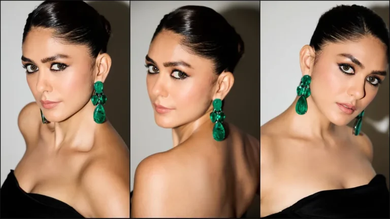 Mrunal Thakur in a sleek black strapless satin gown for her MT 2.0 era announcement.