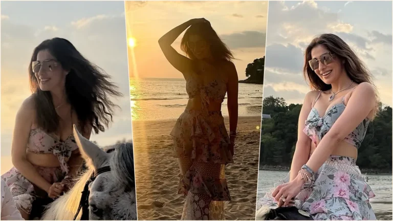 Actress Raai Laxmi riding a horse on a scenic beach under a beautiful golden sunset sky.